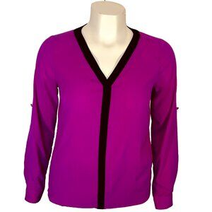 Calvin Klein Blouse Womens Size M Purple Black V-Neck Roll-Tab Long Sleeve